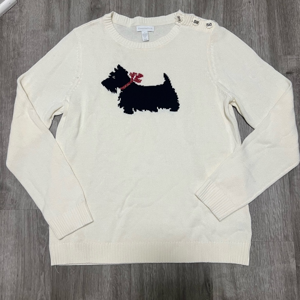 Charter Club Women's Cream Sweater‎ w/ Black Scottie Dog, size M